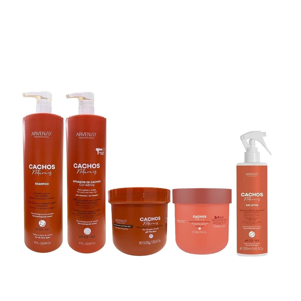 Kit Arvensis Cachos - Shampoo 1L + Ativador de Cachos 1L + Day After 250ml + Geleia Alta Fixação 500g + Máscara 2x1 500g