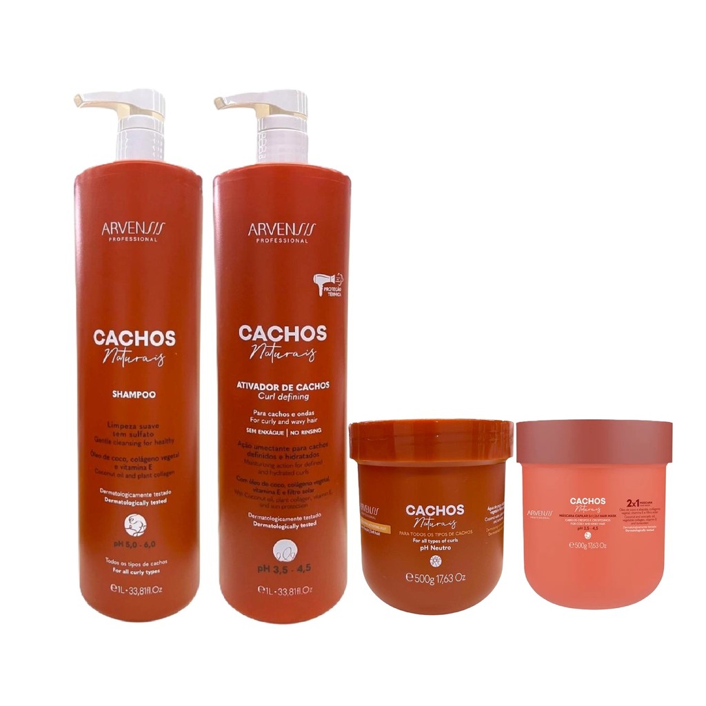 Kit Arvensis Cachos Naturais - Shampoo 1L + Ativador de Cachos 1L + Gelatina Ativadora 500g + Máscara Capilar 2x1 500g