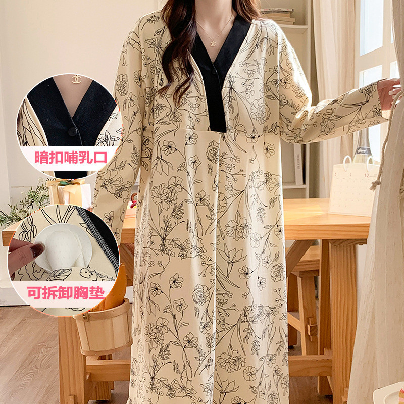 Com almofada no peito camisola de enfermagem pijamas de maternidade roupas de confinamento primavera outono imitação de 