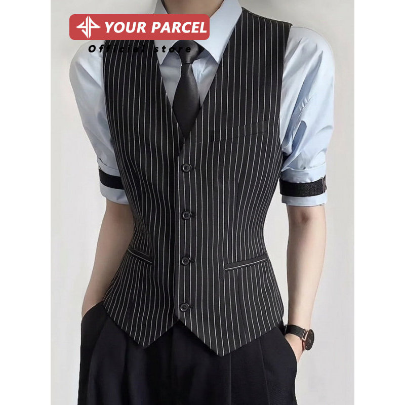 Quatro estações estilo Commuter Casual listrado terno colete masculino fino-ajuste elegante com decote em V estilo fino 