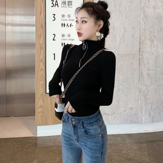 2026 novo estilo primavera manga comprida camiseta feminina anel zíper meia gola alta magro-ajuste topo All-Match manga 