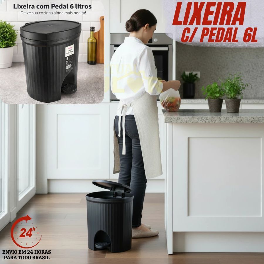 Lixeira Preta 6 Litros Com Tampa Pedal De Plástico Cesto  Resistente  Para Escritório Cozinha Banheiro