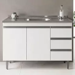 Balcão de Cozinha Com Pia Inox 100cm 3 Gavetas Andréia Branco - AJL Móveis