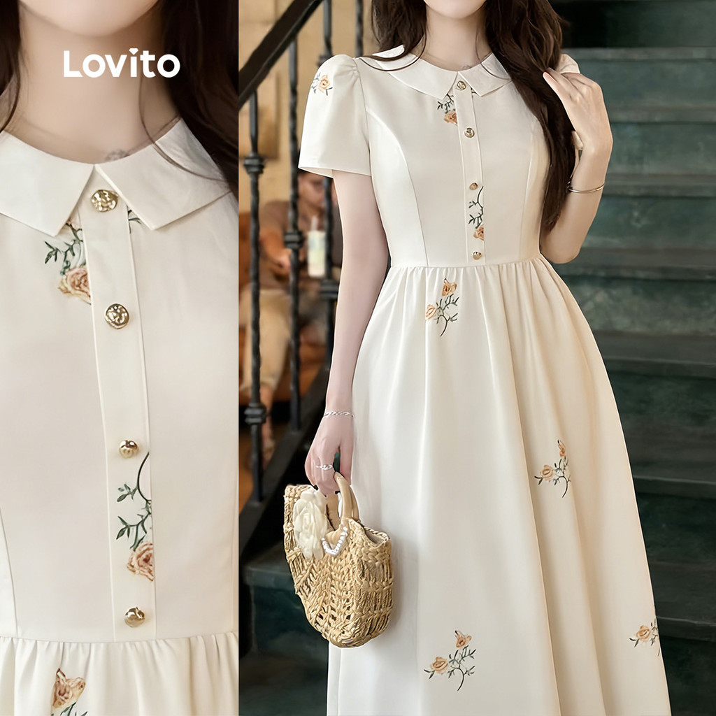 Lovito Vestido Branco Casual com Zíper Diário Lazer Férias Encontros Encontros Primavera/verão para Mulheres L170LD007