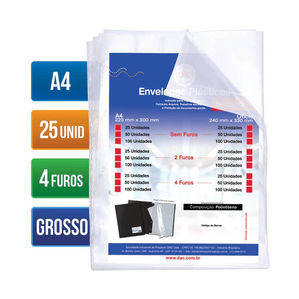 Envelope plástico A4 0.20 4 furos 5076A4 pacote com 25 unidades Dac