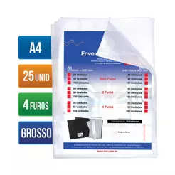 Envelope plástico A4 0.20 4 furos 5076A4 pacote com 25 unidades Dac