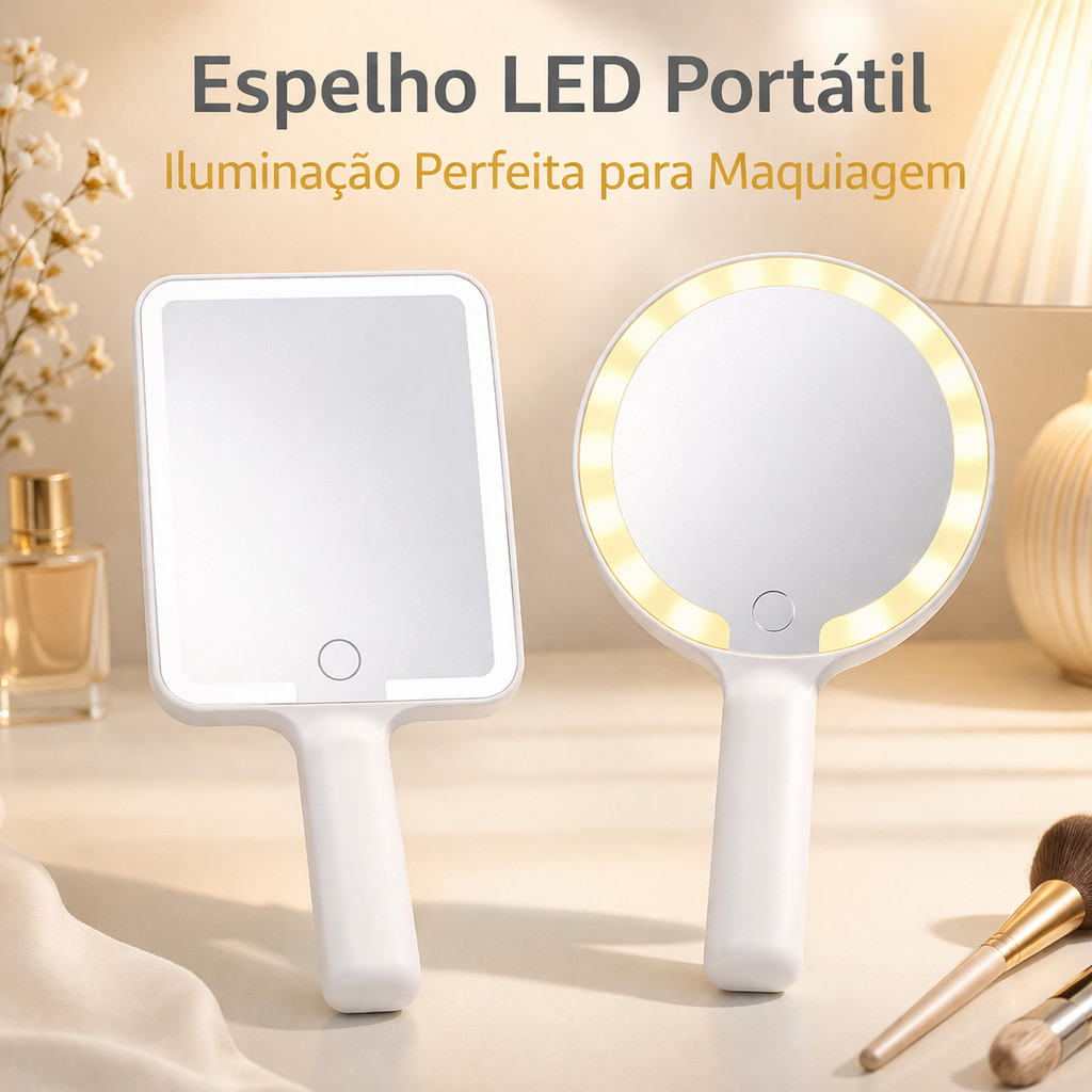 Espelho de Mão LED Recarregável USB Type-C com 3 Níveis de Luz para Maquiagem