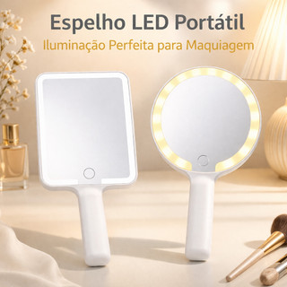 Espelho de Mão LED Recarregável USB Type-C com 3 Níveis de Luz para Maquiagem