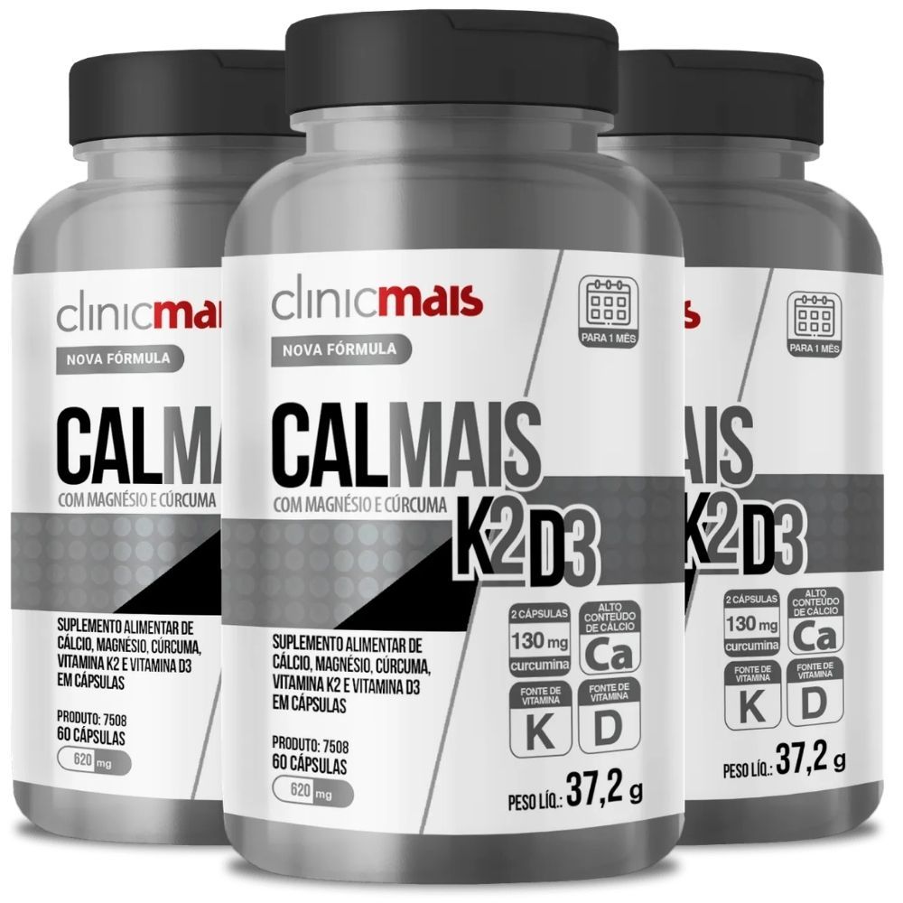 KIT 3X Calmais ( Vitaminas D3+K2, Cálcio, Mangésio e Curcuma) 60 cápsulas - Clinicmais