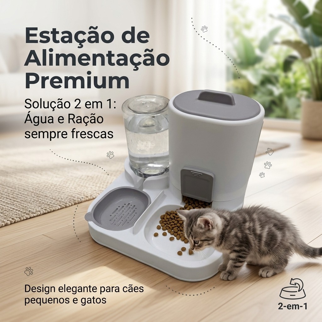 Bebedouro e Comedouro Automático 2 em 1 para Cães e Gatos | Controle de quantidade Filtro 3 Etapas