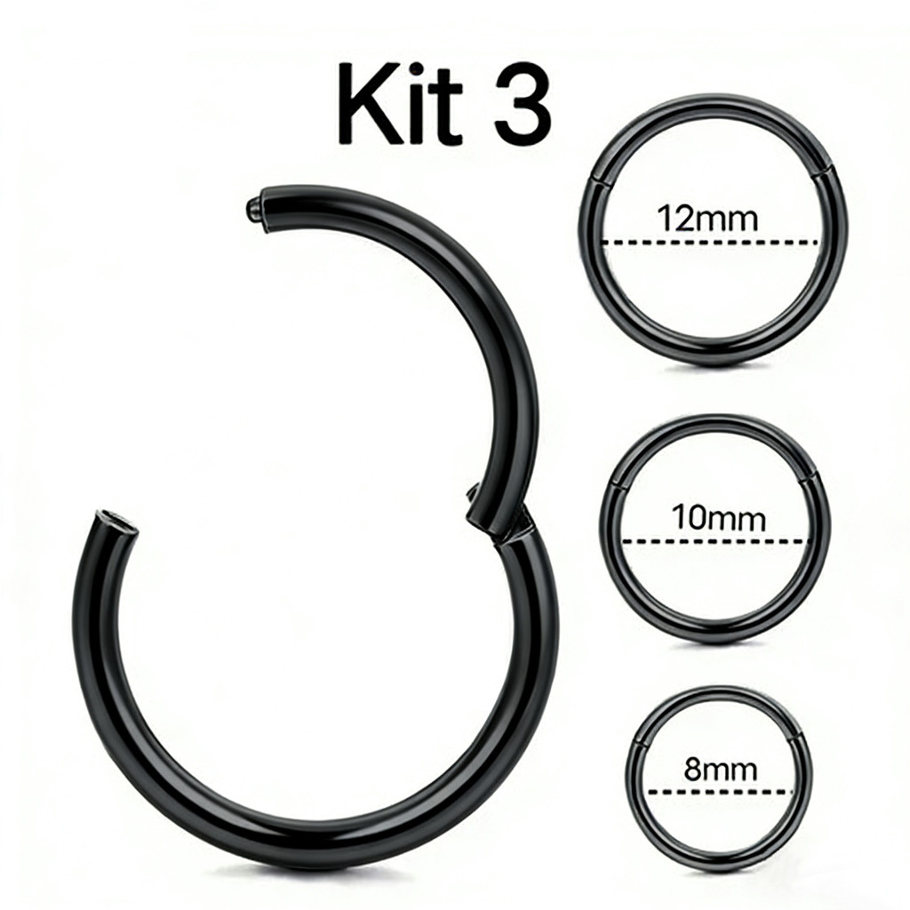 Kit 3 Piercing Argola Cor Preto Segmento Articulado Aço cirúrgico Nariz/helix