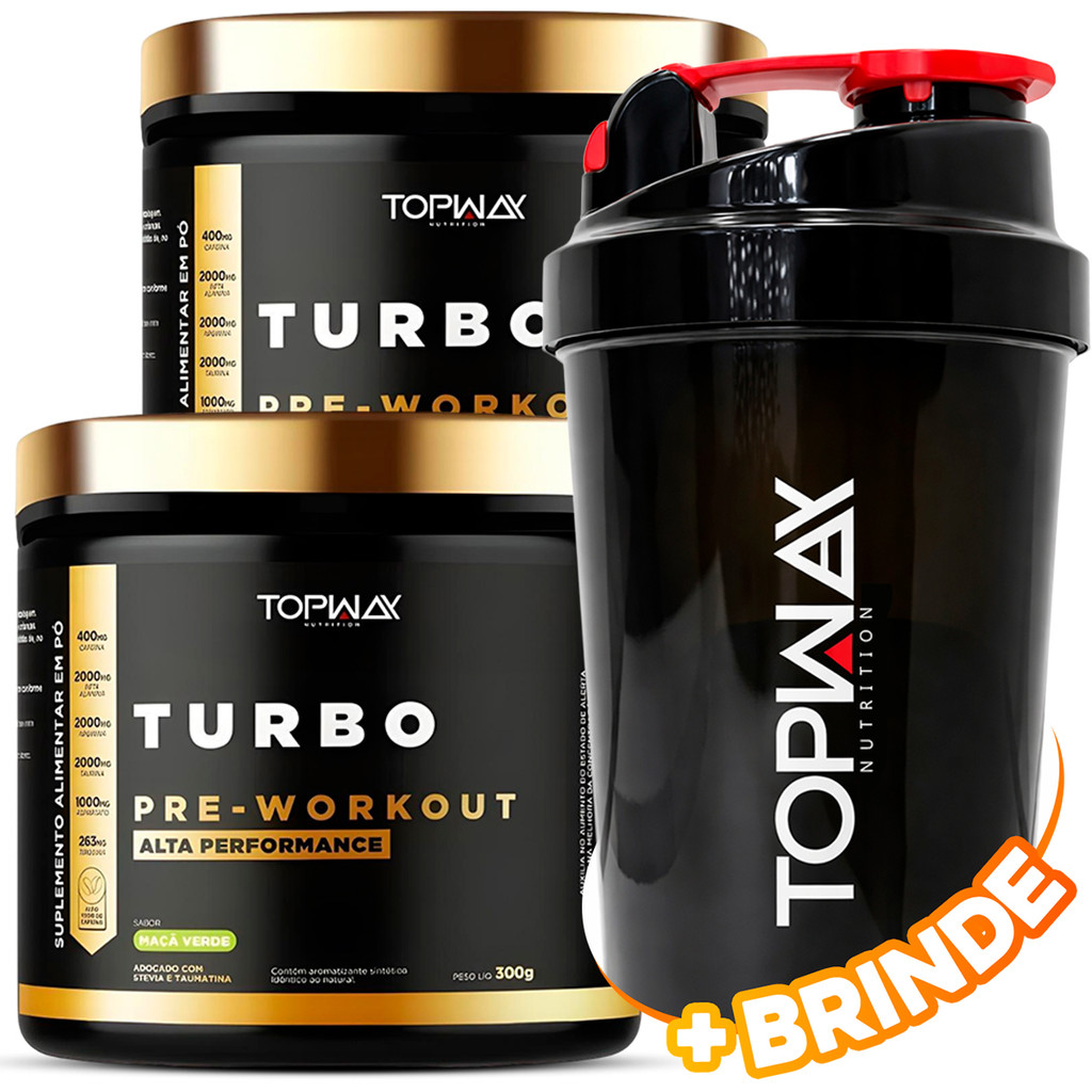 2x Topway Suplemento Pré Treino Workout Turbo Alta Performance 300g Sabor Maça Verde + Coqueteleira