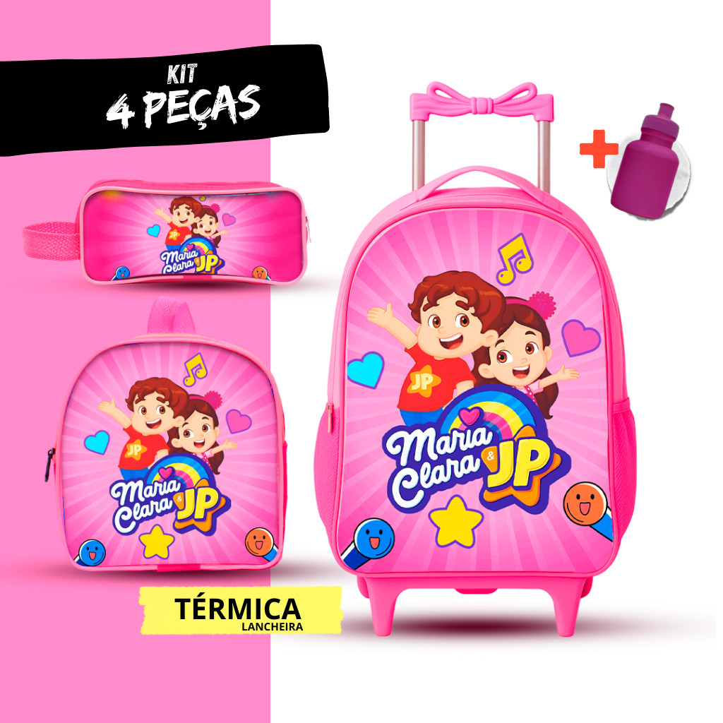 Kit Mochila Escolar de rodinha Maria Clara e JP + Lancheira TÉRMICA + Estojo