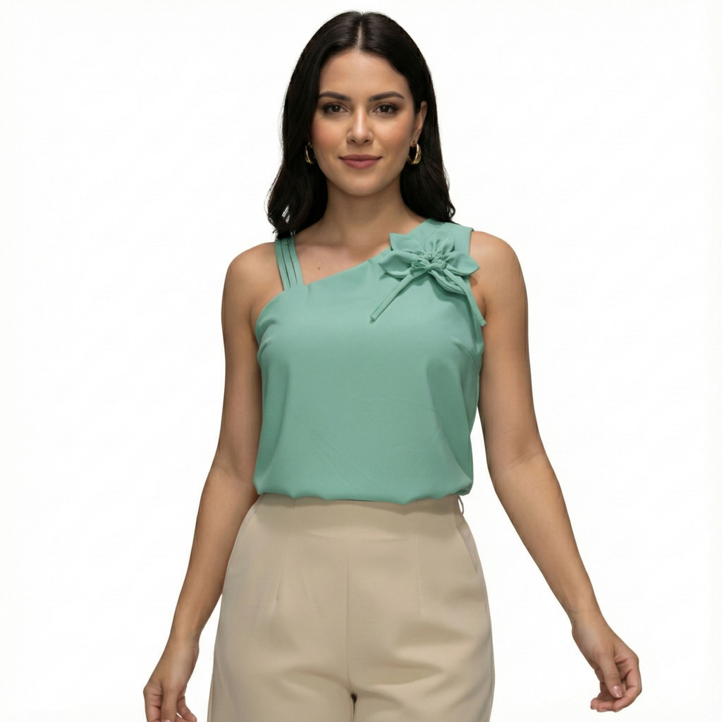 Blusa Feminina Crepinho Assimétrica Flor 3D em Oferta na Shopee