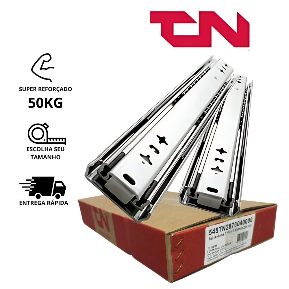 TOP Corrediça Gaveta Trilho Telescópico H45 50kg Super Reforçada - FVGTN / TN - TAMANHOS - NACIONAL