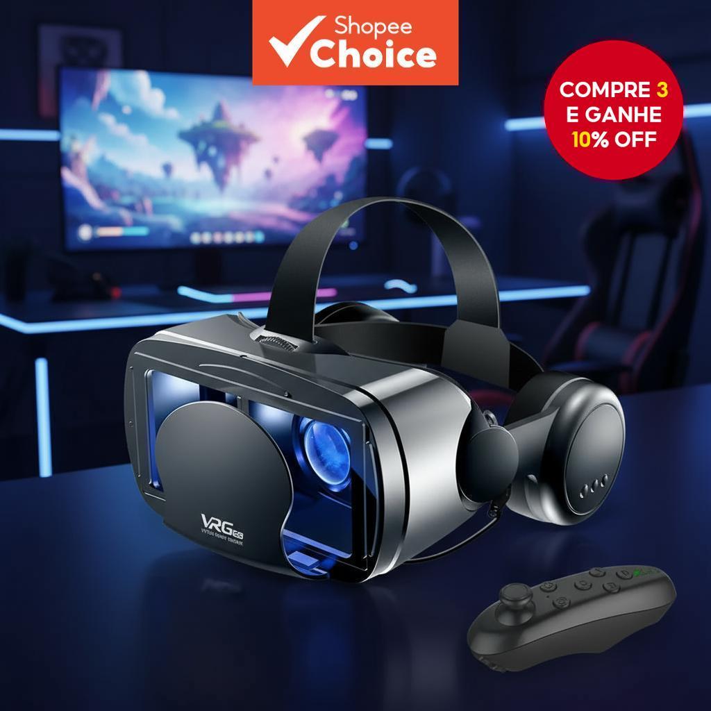 Óculos de Realidade Virtual 3D Inteligente Capacete para Smartphones com Lentes de Telefone, Controles, Fones de