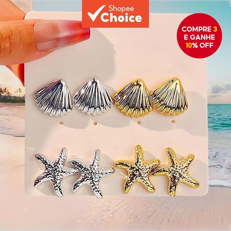 4 Pares de Brincos Fashion Femininos Estrela do Mar e Concha, Conjunto de Brincos Dourados/Prateados para Verão, Joias em Oferta na Shopee