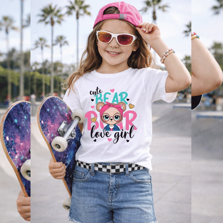 Camiseta Infantil Feminina Estampada De Urso Fofo Estampa DTF Confortável Camisa com Toque Macio em 100% Algodão