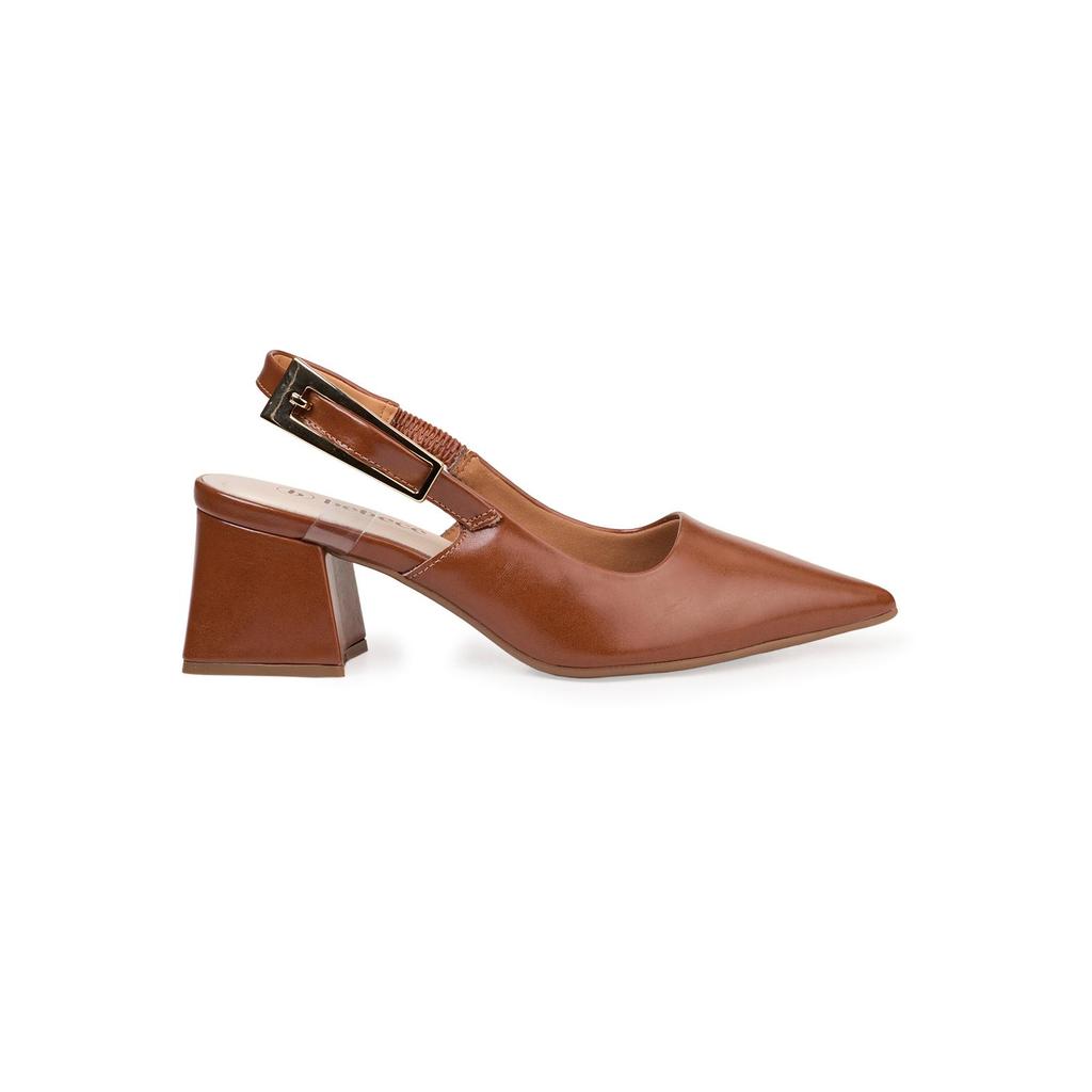 Scarpin Slingback Bebecê Salto Bloco Verniz Toffee