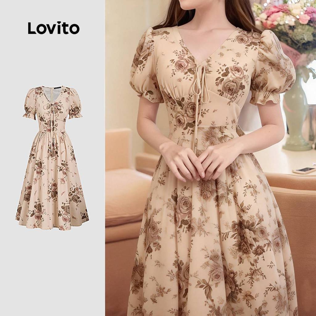 Lovito  Vestido Boho Frente Amarrada Primavera/verão Vestido Cáqui para Mulheres L171ED068 em Oferta na Shopee