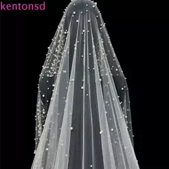 Véu De Noiva De Tule De Pérolas KENTONSD , Casamento Longo Vintage Gota De Comprimento De Cintura De 1 Camada