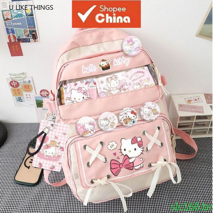 Mochila periférica Hello Kitty para estudantes de escola geral, homens e mulheres, leve, grande capacidade, QOSB do ensi