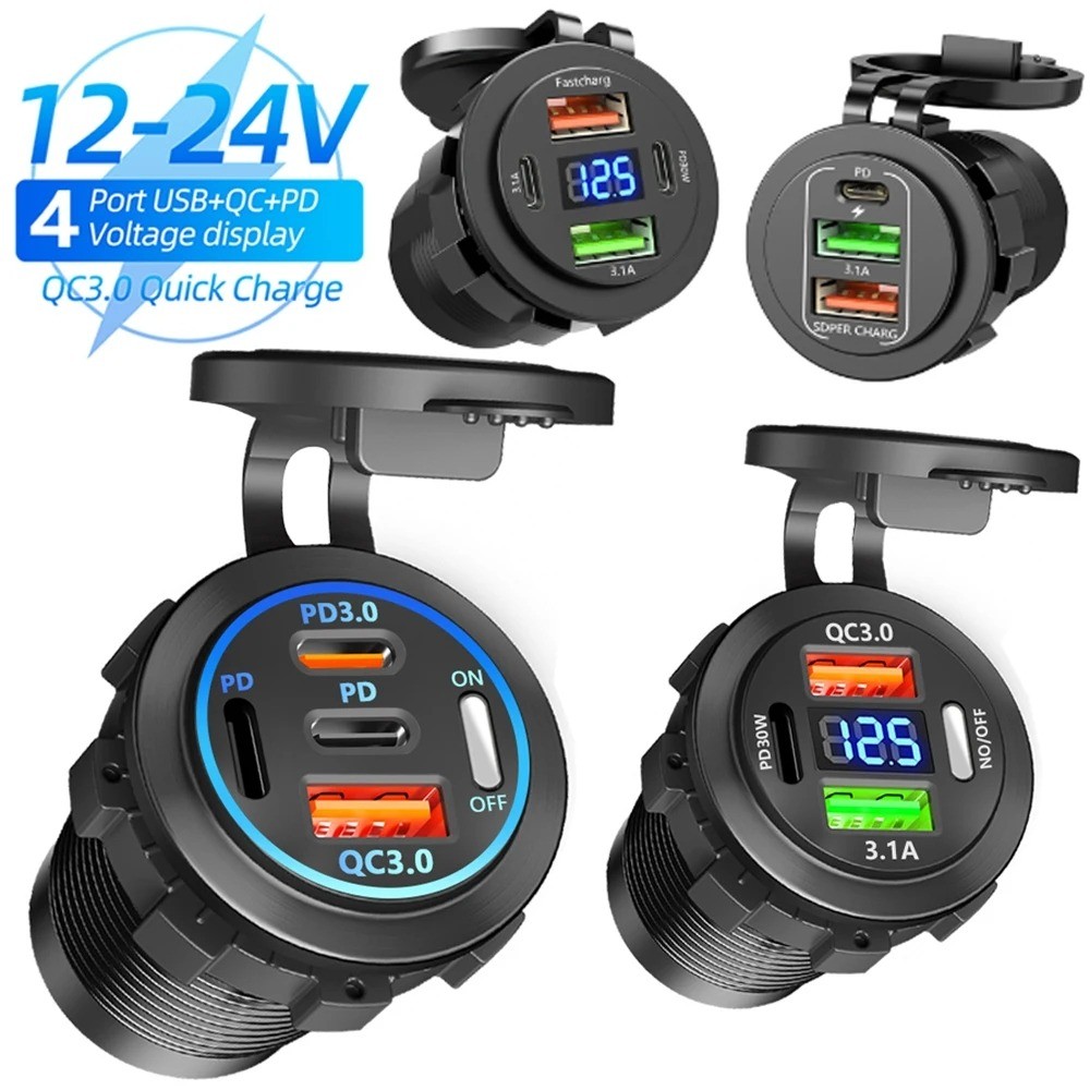 Novo Carregador De Carro USB 2/3/4 Portas PD QC 3.0 Com Voltímetro Soquete Adaptador De Tomada De Energia À Prova D'água