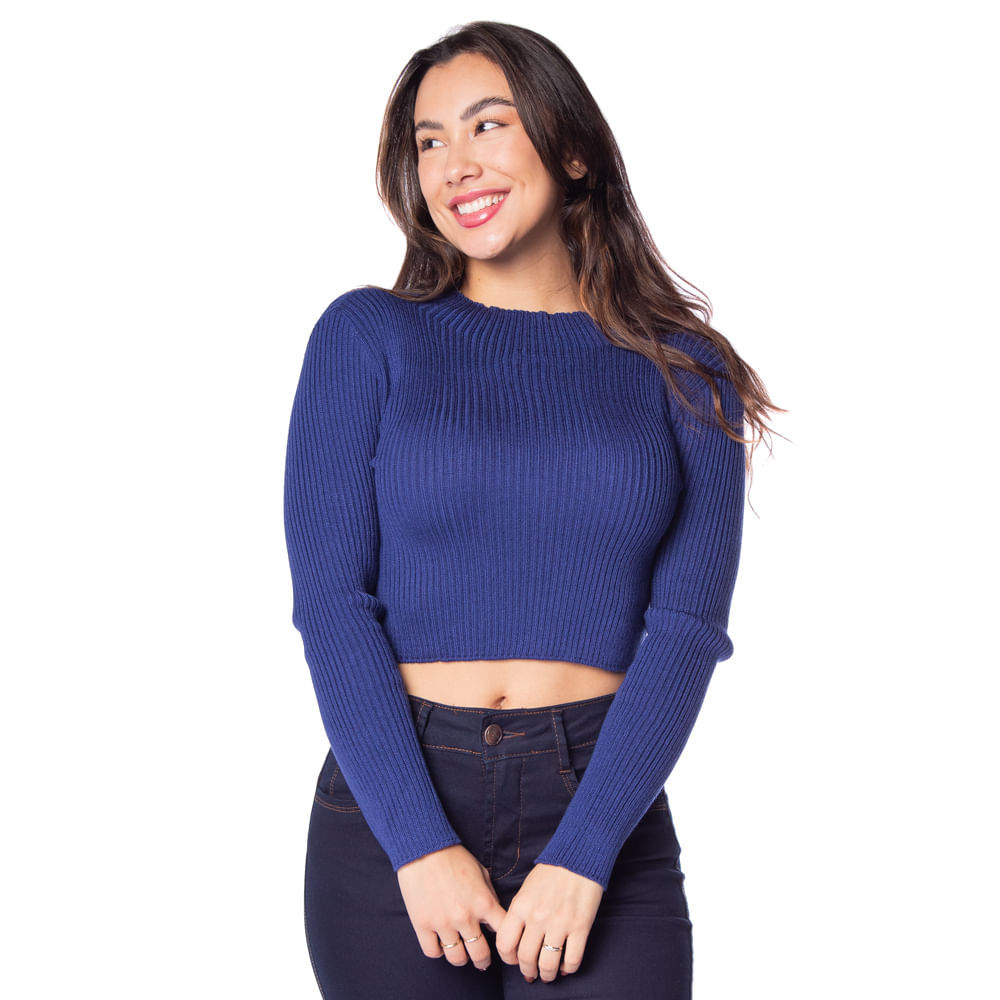 Blusa Cropped Feminina Oliveira Malhas em Tricot Azul em Oferta na Shopee