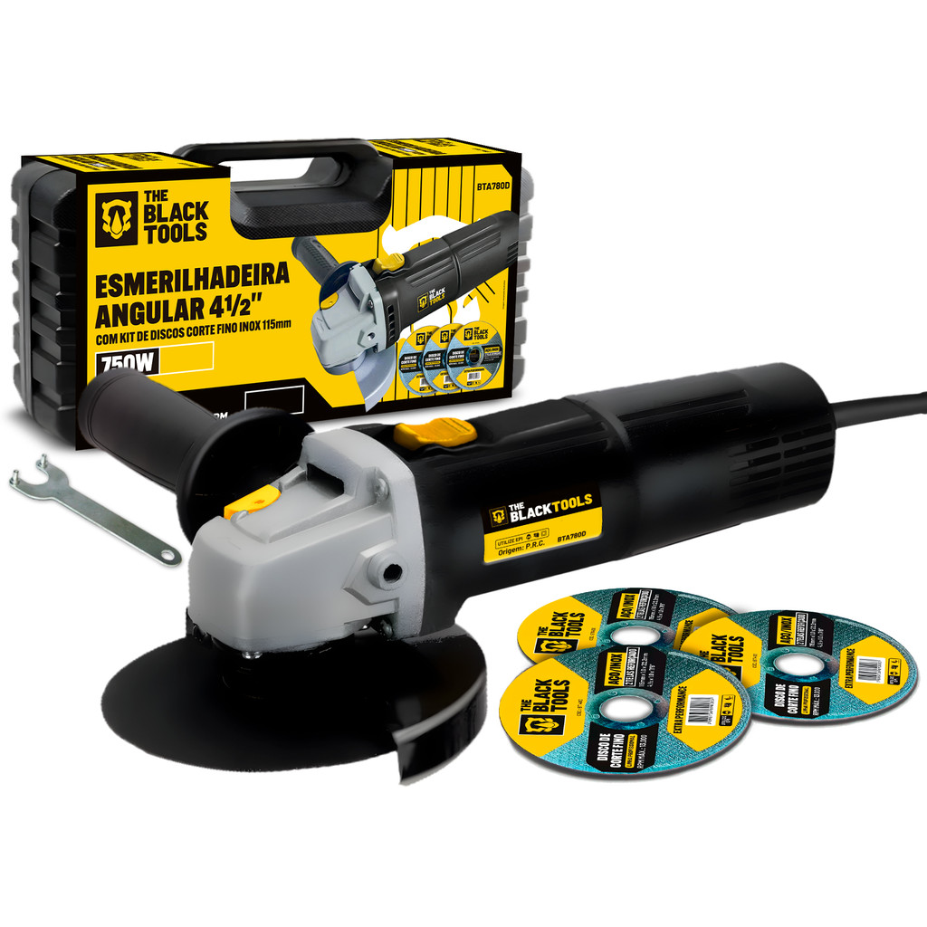 Esmerilhadeira Lixadeira Angular 750w 4.1/2 Pol 115mm 11000rpm Com Maleta E Discos The Black Tools em Oferta na Shopee