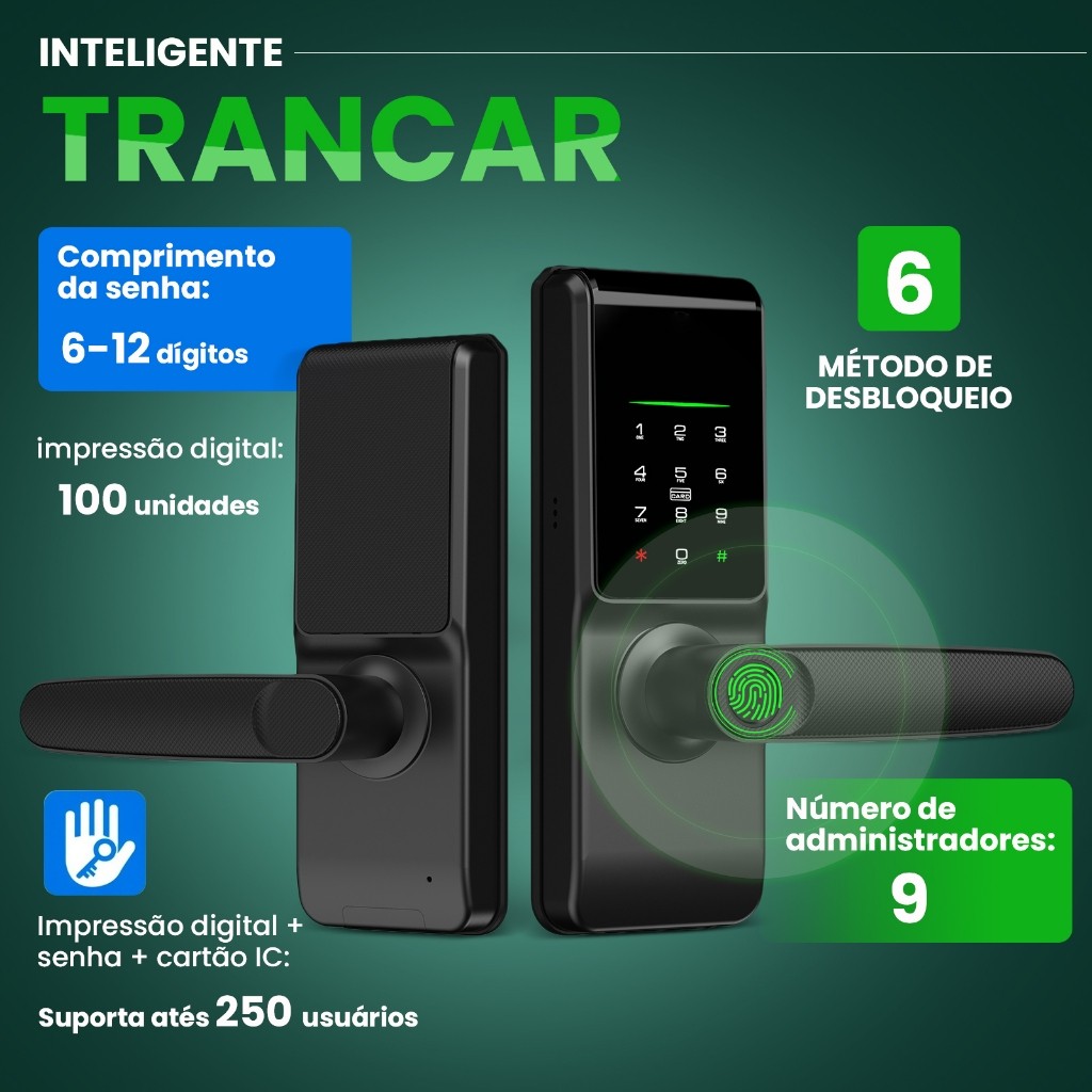 Fechadura Eletrônica Touch Biometria Digital, 6 em 1 Com Biometria, Bluetooth, Senha Touch, Chave e Tag, Tuya APP