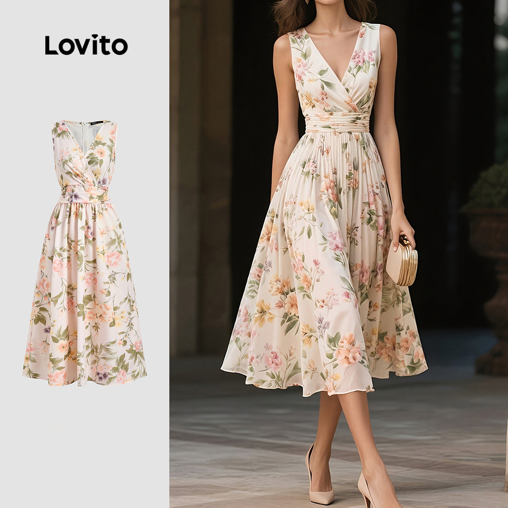 Lovito Vestido Floral de Festa Elegante Feminino Primavera/Verão LK2LD389 em Oferta na Shopee
