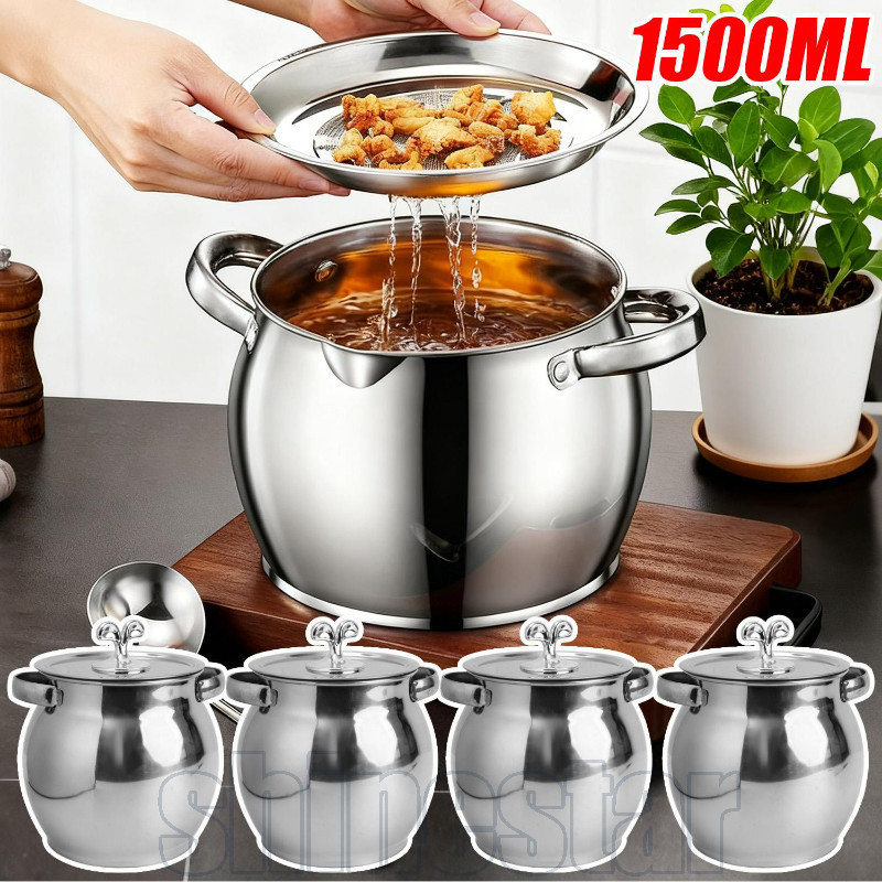 Lata De Armazenamento De Óleo De Aço Inoxidável 1500ML-Com Filtro E Colher-De Banha De Cozinha-À Prova De Vazamento-Tanq