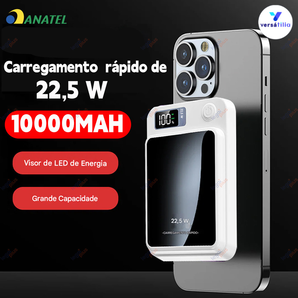 Powerbank 10000 mAh MagSafe com Display Digital - Carregador Rápido Sem Fio para