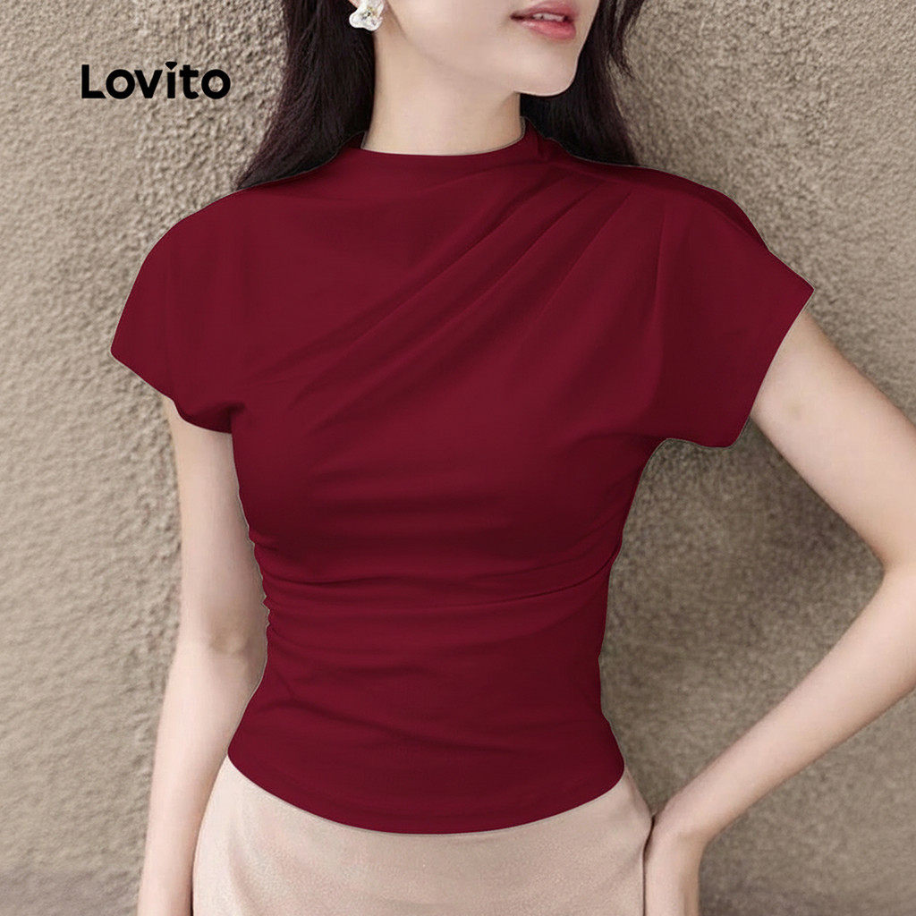 Lovito Camiseta Casual Plissada Simples Primavera/verão Branca para Mulheres LK2ED1181 em Oferta na Shopee