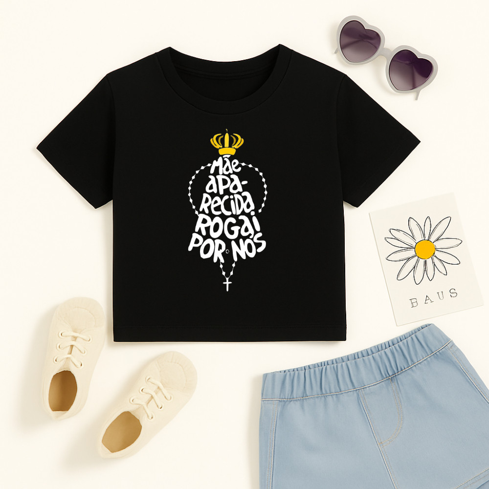 Camiseta Algodão Infantil Estampado Mãe Aparecida Rogai Por Nós 907 Blusa Cristã Religiosa Católica