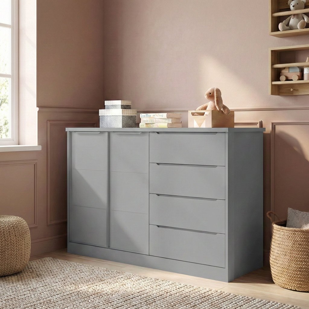 Cômoda Infantil 4 Gavetas e 2 Portas  com Cabideiro Pérola Cinza Cinza em Oferta na Shopee