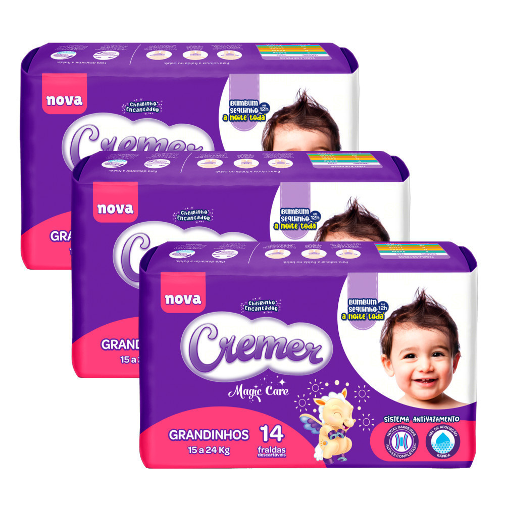 3x Fralda Cremer Magic Care Jumbo Grandinhos 14un (Total 42un) – 15 a 24kg - Elásticos suaves