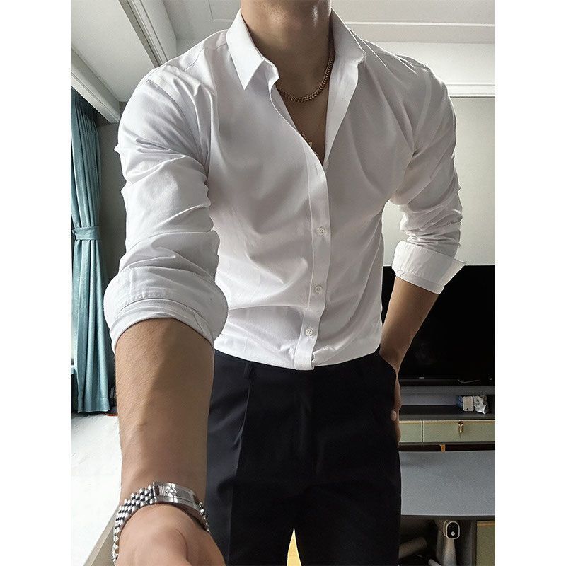Camisa branca masculina High-End sentimento abstinência exterior usar camisa de manga comprida masculina primavera outon
