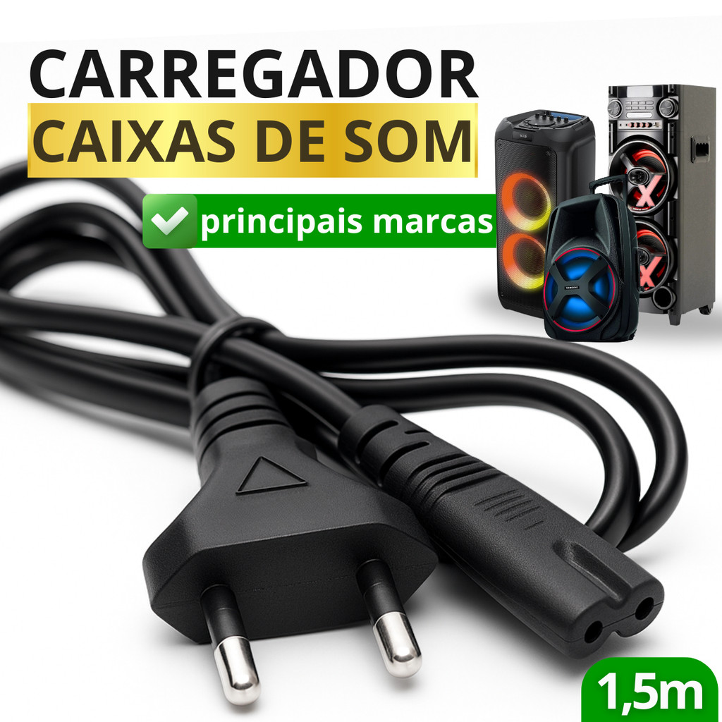 Carregador Cabo Bipolar para Caixa de Som Bluetooth, Bivolt 1,5m - Energia Segura, Alta Durabilidade em Oferta na Shopee