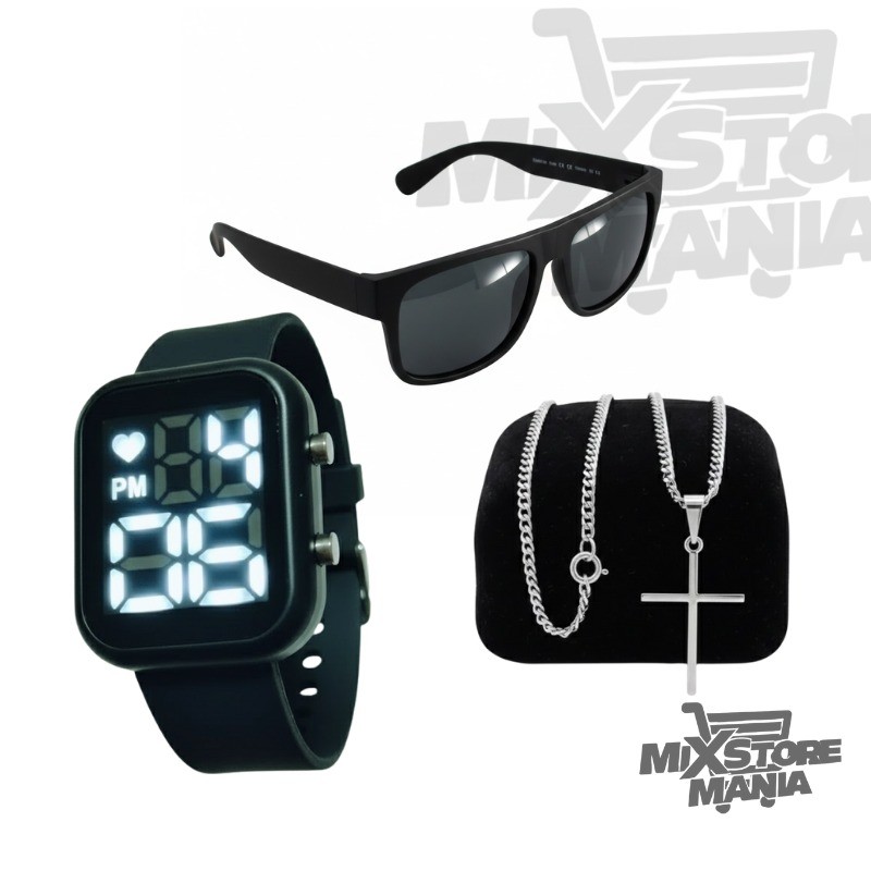 Kit Relógio Digital LED Masculino + Óculos de Sol Premium + Corrente com Pingente | Combo Presente