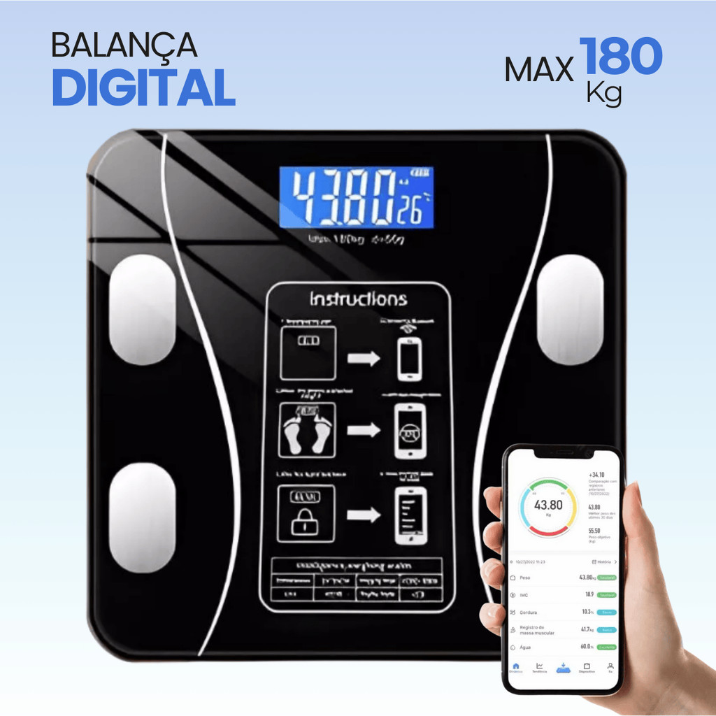 Balança Digital Inteligente com Bioimpedância Bluetooth App Peso Gordura IMC Até 180kg
