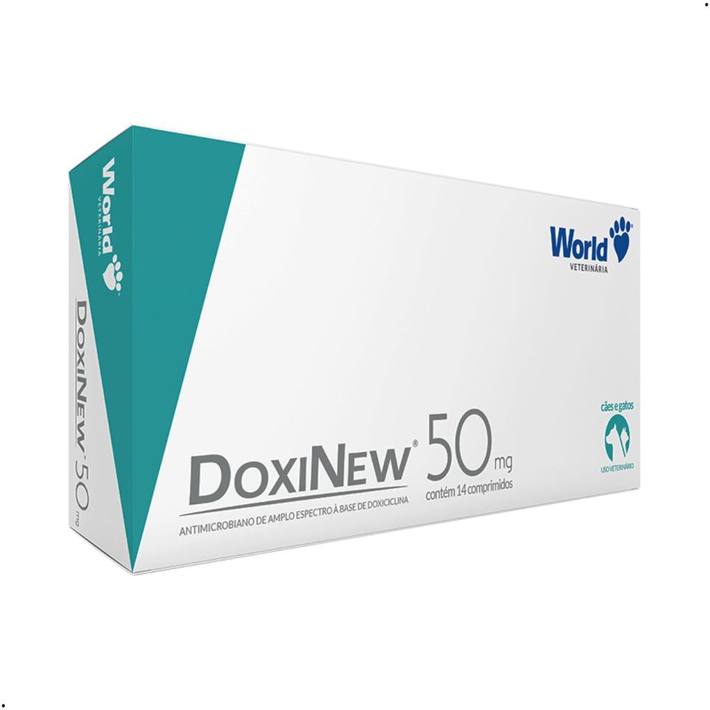 DoxiNew 50mg Doxiciclina Cães Gatos World 14 comp. Doença Carrapato Antibiótico para Cachorro Gato