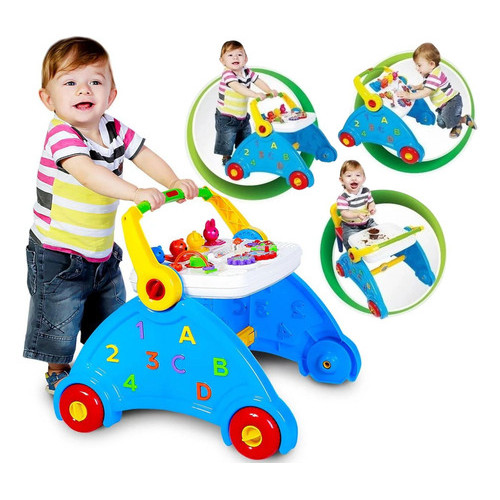 Andador Didático Musical  educativo Para Bebê 3 Em 1 Azul Poliplac