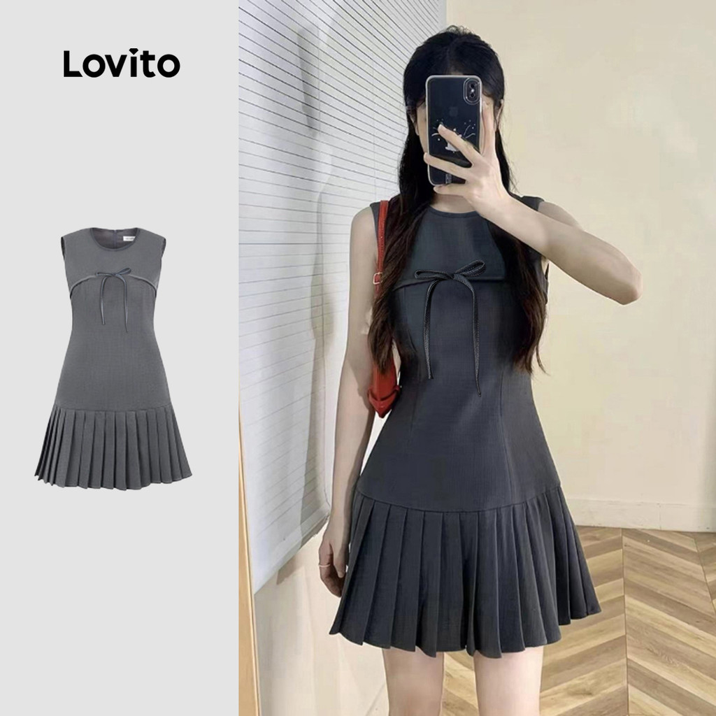 Lovito Vestido Casual Vestido Liso Com Laço Para Mulheres LNA71500 em Oferta na Shopee