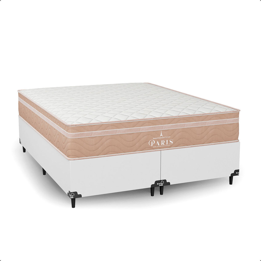 Cama Box Queen Branco + Colchão Paris Molas Ensacadas Bege - e-Shop Casa