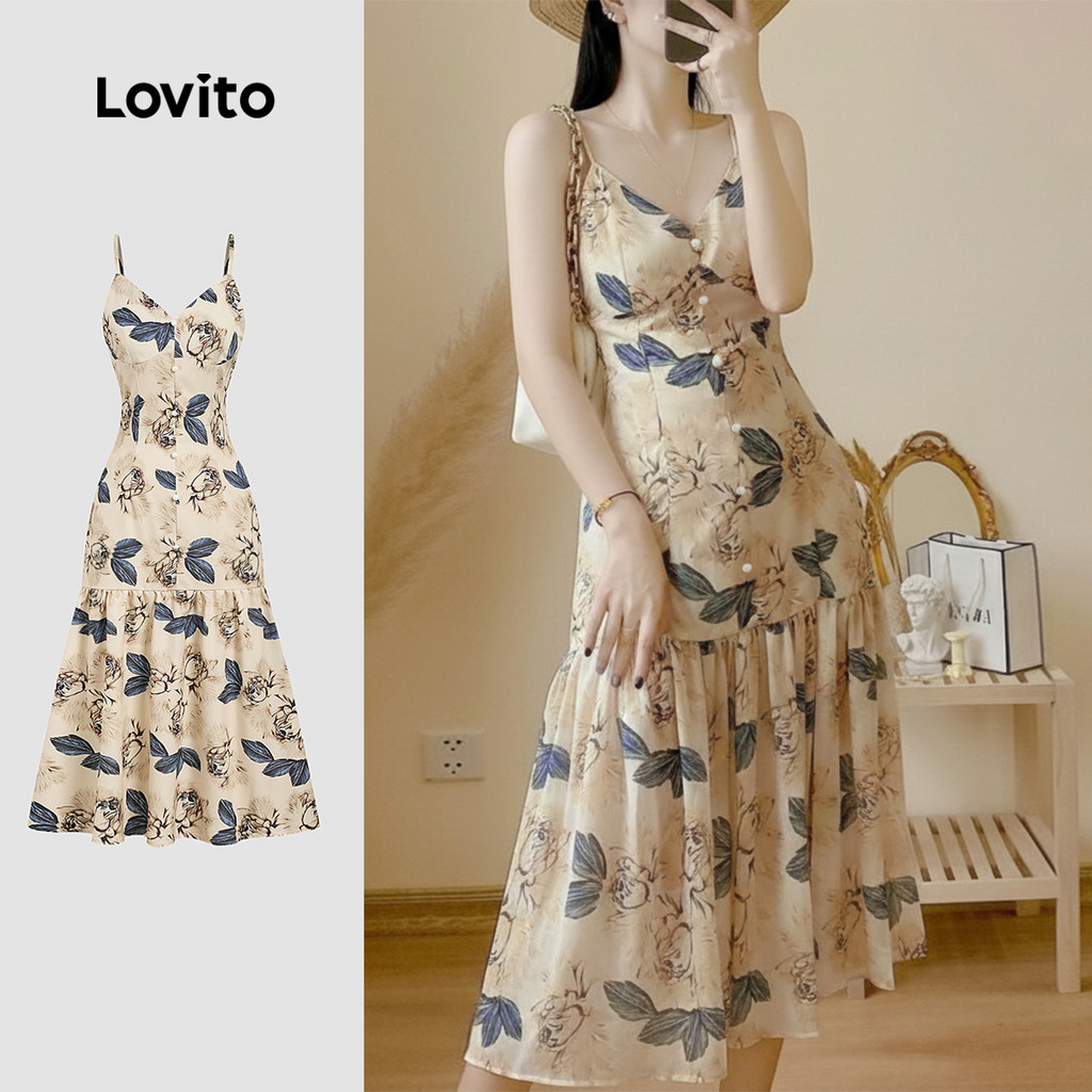 Lovito  Vestido Casual com Babado Na Bainha Alça Ajustável Estampa para Primavera/verão para Mulheres. L177ED096 em Oferta na Shopee