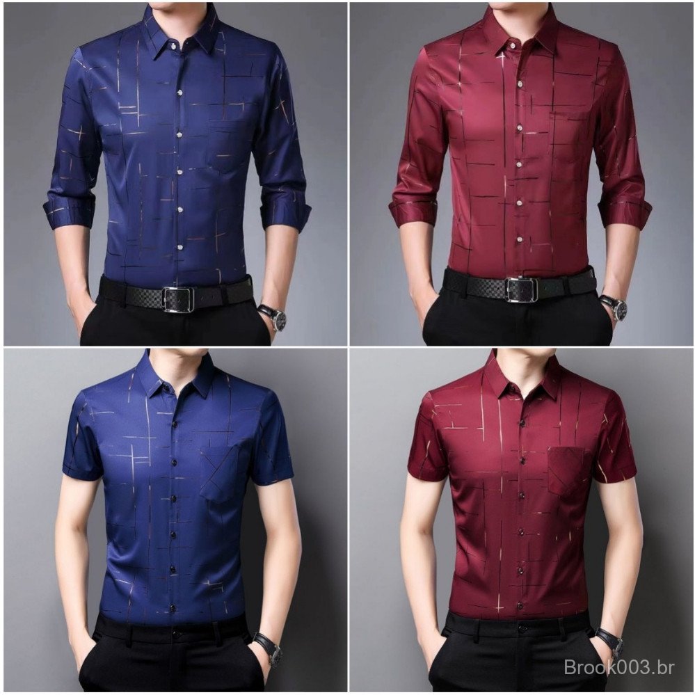 Camisas Masculinas de Manga Longa, Xadrez, Listradas, Camisas Casuais de Trabalho, Camisas de Negócios Estampadas RIX3