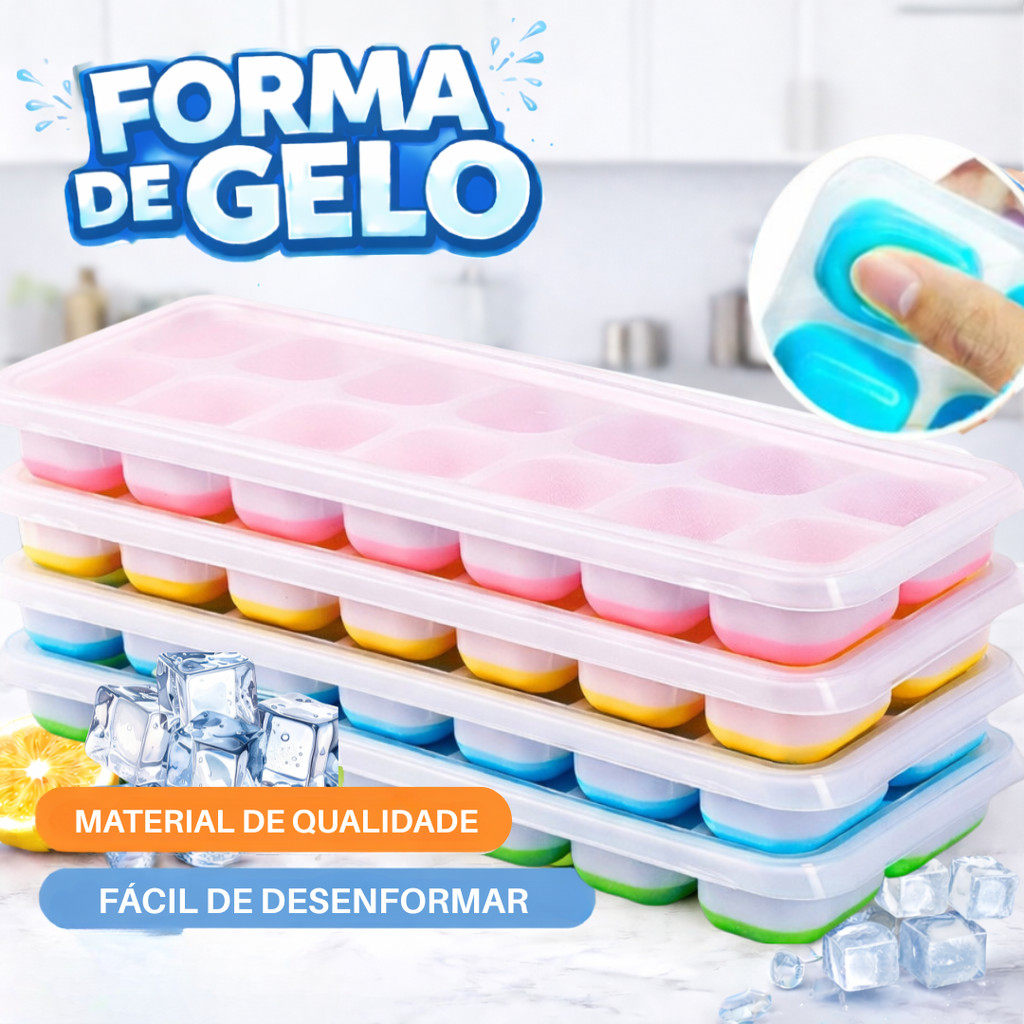 Kit 2 ou 4 Forma de Gelo Silicone com Tampa Empilhável 14 Cubos Fundo Flexível