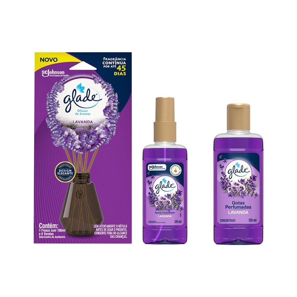 Kit Glade Lavanda Difusor 100ml + Odorizador Gotas Perfumadas 120ml + Odorizador Spray Perfumado 120ml em Oferta na Shopee