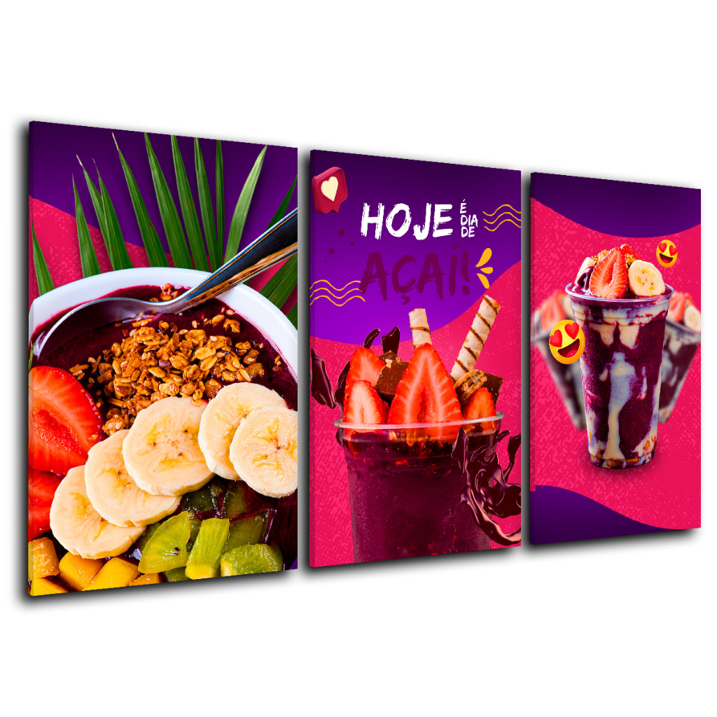 Quadro Decorativo Cozinha Açaí Sorveteria Sorvete Doce Confeitaria 3 Peças